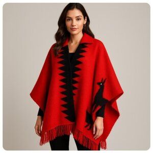 Vintage Womens Red Graphic Wool Llama Alpaca Print Wrap Cape Collared One Size